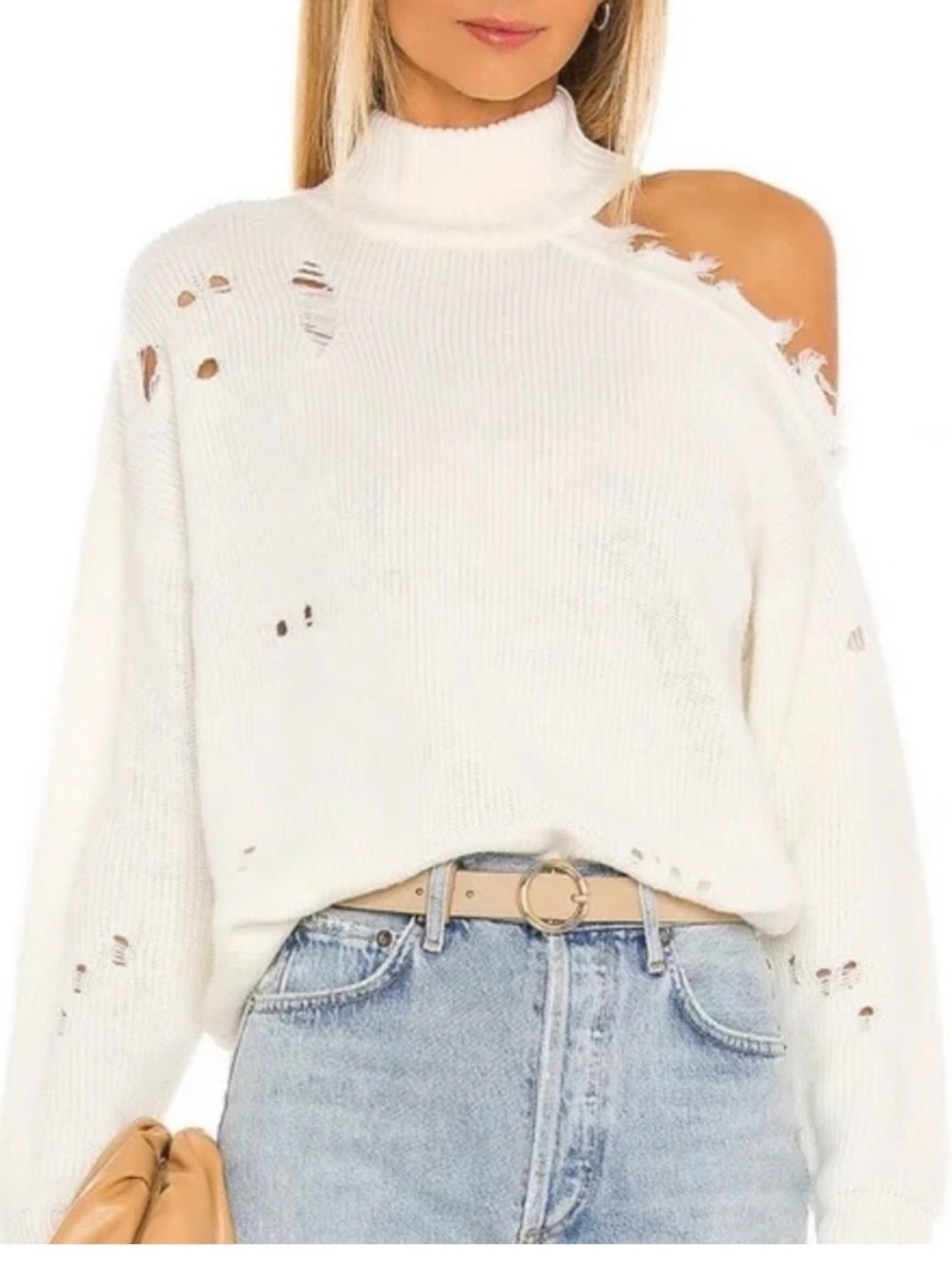 Lovers + friends Arlington distressed cold shoulder wool blend ivory sweater XS